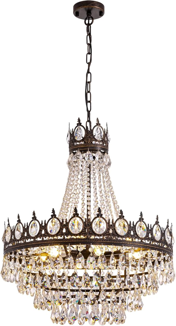 7PM Large Crystal Chandeliers, Vintage French Empire Chandelier, Antique Bronze Crystal Pendant Light, Rustic Farmhouse Ceiling Light for Dining Room Bedroom Living Room Kitchen Foyer, W 24"