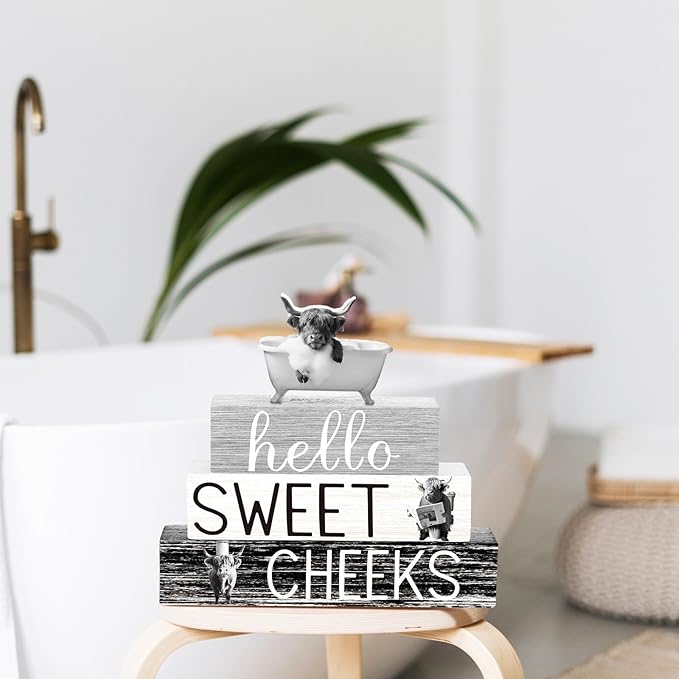 4 Pcs Funny Highland Cow Bathroom Decor Farmhouse Adult Cow Bathroom Decoration Western Hello Sweet Cheeks Table Centerpiece Christmas