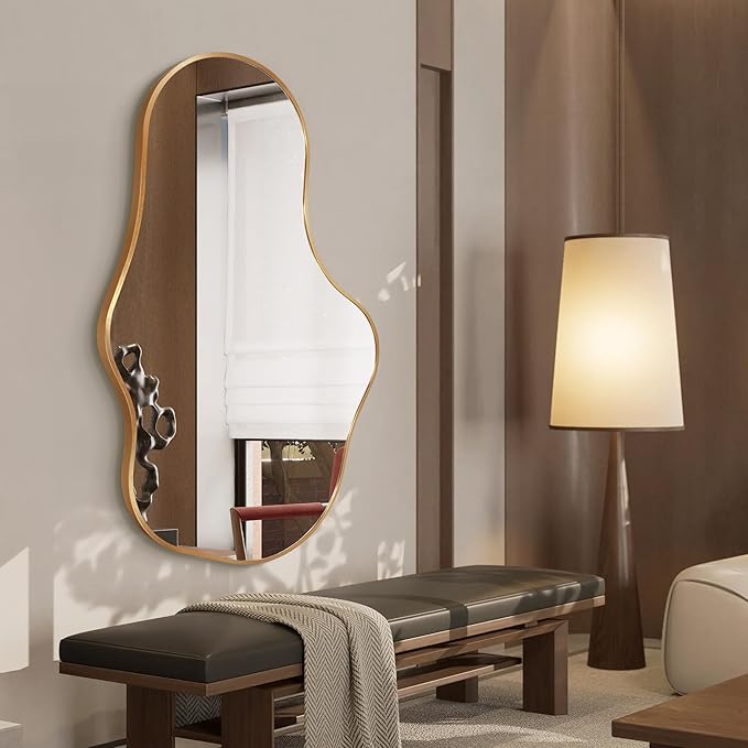 Mirror Full Length - Wall Mirrors Decorative 26"x 43" Asymmetrical Abstract Aviation Aluminum Alloy Frame Unique for Bathroom, Bedroom, Living Room, Cloakroom, Entryway Gold