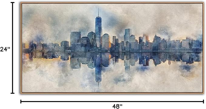 NYC Framed Canvas Wall Art Abstract Painting Wall Decor Indigo Blue Gray Panoramic Art Print New York Skyline Reflection Pictures Artwork Modern City Landscape Living Room Bedroom Decoration 24" x 48"