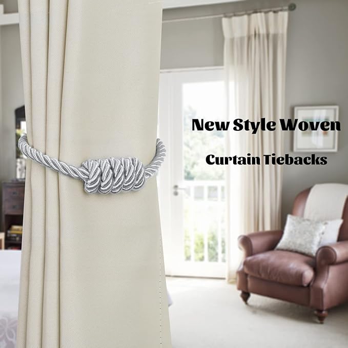 BEL AVENIR Magnetic Curtain Tiebacks, Decorative Drapery Holdbacks Modern Woven Tie-Backs with Exquisite Knot (Sliver, 2 Pack)