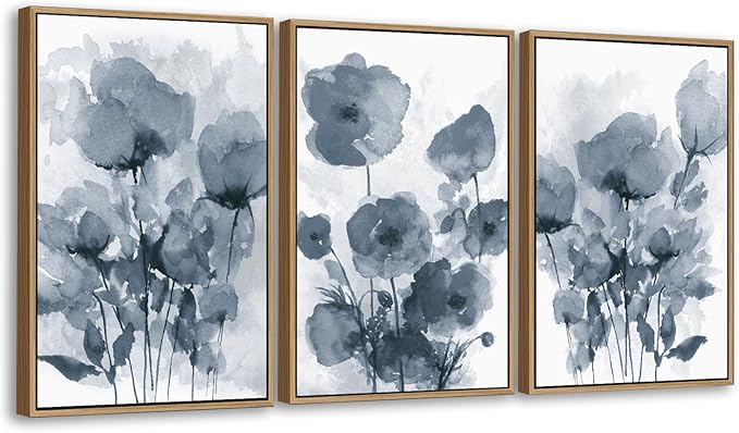 arteWOODS Botanical Framed Wall Art - Abstract Watercolor Style Pictures Grey Blue Floral Wall Decor Minimalist Prints Aesthetic Flowers Painting Artwork 16" x 24" Set of 3 Natural Framed