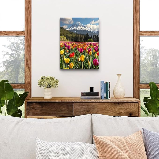 Mt Hood Mountain Wall Art Yellow Flowers Wall Decor Snow Mountains Landscape Canvas Prints Tulips Flower Field Scenery Pictures Nature Forest Artwork for Bedroom Living Room Home Decoration 12x16"