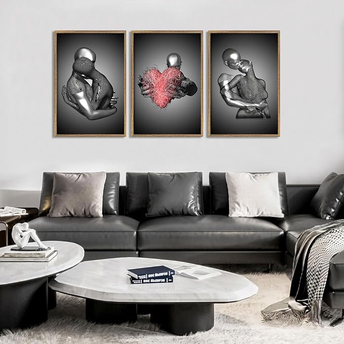 3Pcs Wood Framed 3D Couple Wall Art Poster Modern Decoration Prints Love Images Reusable Gallery Artwork Black and White Metal Style Romantic Hanging Painting Suitable 12x16 inch