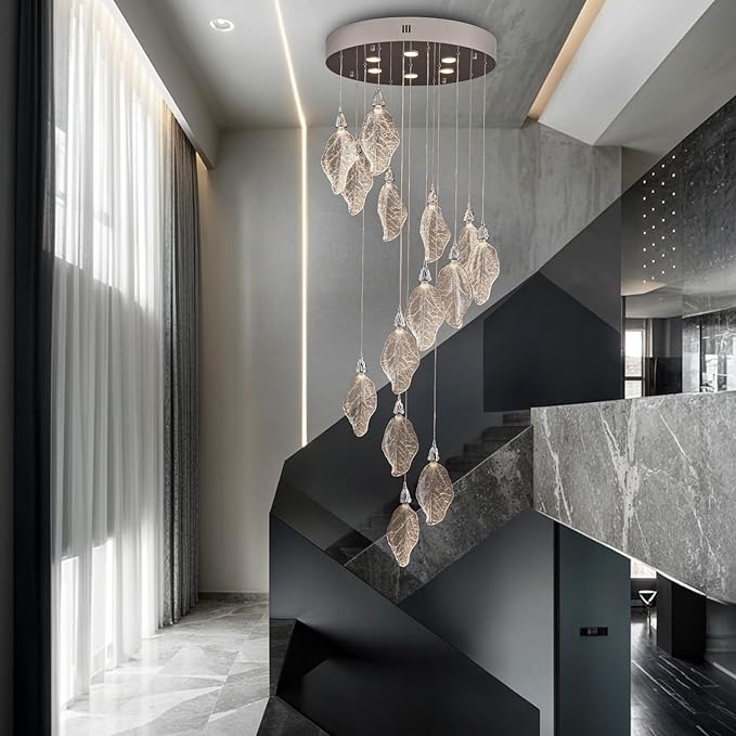 Large Chandeliers for High Ceilings, 20-Lights Modern LED Long Staircase Chandeliers, H78 Bionic Leaf High Ceiling Foyer Chandelier, Big Chandelier Light Fixture for Foyer Entryway-Silver