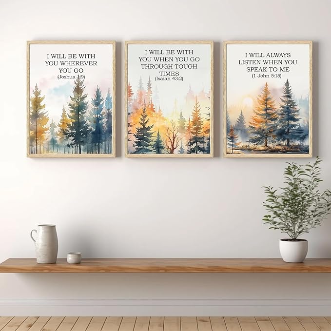 Christian Bible Wall Art Set of 3, Bible Verses Wall Decor Paintings, Religious Psalm Poster Canvas Prints, Vintage Forest Landscape Home Decoration for Living Room Bedroom 12x16 inch Wood Framed