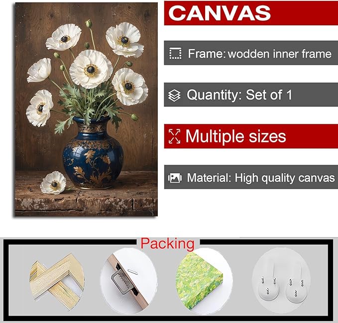 Vintage white poppy flowers canvas painting ornate blue vase gold floral pattern rustic textured wood background ruffled petals green leaves vertical composition botanical wall art home decor