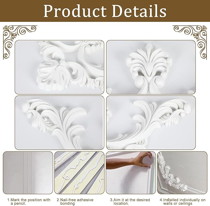 4 Pcs PU Ceiling Molding Kit 13.4 x 13.4 in Luxe Architectural Corners Decoration Murals Trim Premade Flowers Pattern French Style Wall Decor for Ceiling Decorative Panels for Wall