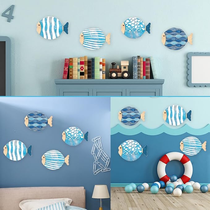 OYASUMI 4 Pcs Wooden Fish Wall Art – Blue Nautical Beach Decor, Vintage Coastal Sticking Sculptures for Bathroom, Bedroom, Ocean-Themed Room or Lake House