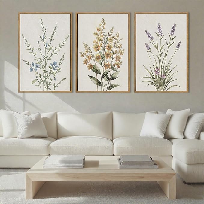 Anyzal Framed Minimalist Botanical Wall Art Large Neutral Floral Art Prints Modern Beige Wildflower Wall Decor for Living Room Bedroom Dining Room Office 16x24x3