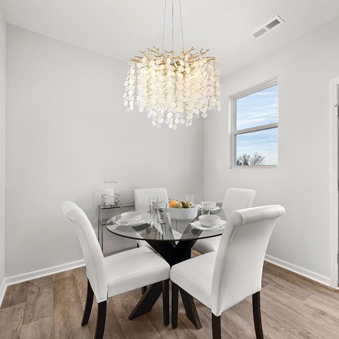 18-Inch Coastal Chandelier, 6-Light Gold Tree Branch Chandelier, Modern Foyer Bedroom Chandeliers with Adjustable Height, Round Crystal Pendant Light Fixtures for Entryway Dining Room, E12