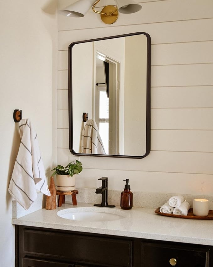 ANDY STAR 24x32 INCH Bronze Bathroom Mirror, Rounded Rectangle Oil Rubbed Bronze Mirrors for Bathroom,Tube Metal Framed, 1’’ Deep Wall Mounted Vertically/Horizontal