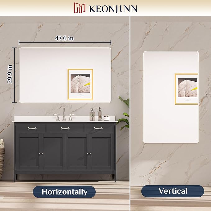 Keonjinn 48 x 30 Brushed Nickel Bathroom Mirrors for Over Sink, Large Rounded Rectangle Bathroom Vanity Mirror, Modern Decorative Silver Mirror, HD Tempered Glass Wall Mirror(Horizontal/Vertical)