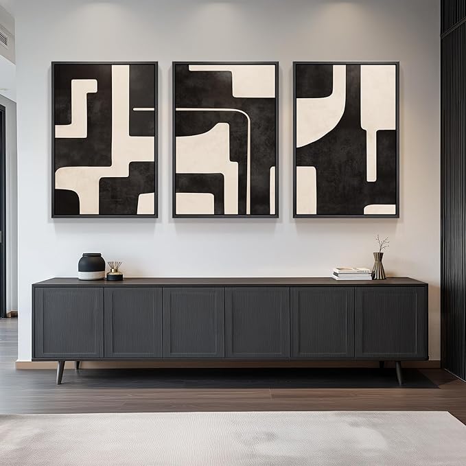 Large Framed Neutral Abstract Wall Art for Living Room, 3 Piece Black Beige Canvas Prints Paintings Artwork for Walls, Modern Minimalist Abstract Pictures for Hallway Office Wall Decor 24x36 In
