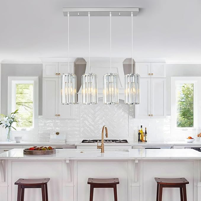 Chrome Pendant Lighting Modern Pendant Light, Mini Crystal Chandeliers,Adjustable Pendant Light Fixture for Kitchen Island Dinning Room Corridor Bedroom…(Gold 4-Light)