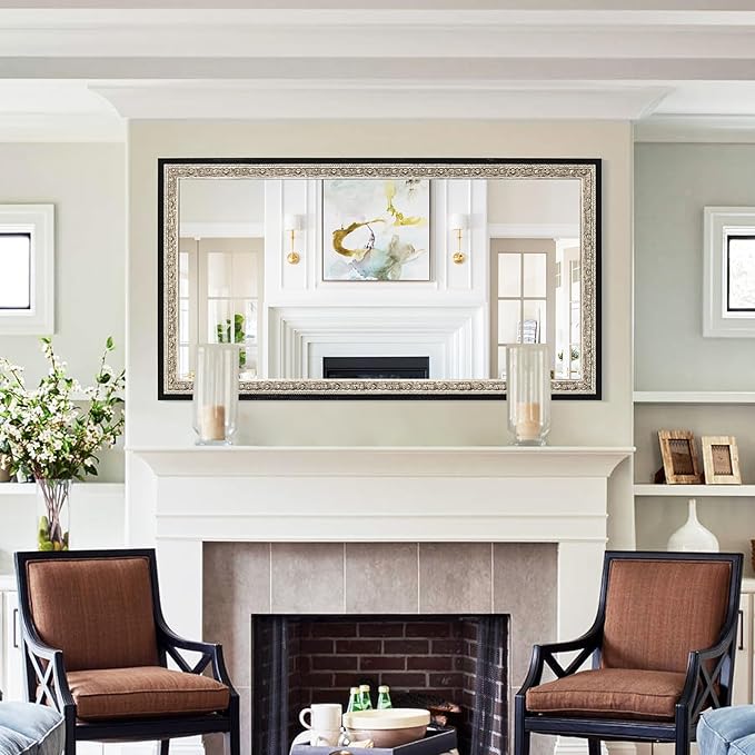 Black Large Vintage Wall Mirror Decor, 51.5"x28" Ornate Decorative Mirror with Silver Foil Carvings Wooden Frame, Handmade Aging, for Dining Room, Fireplace, Bathroom and Bedroom