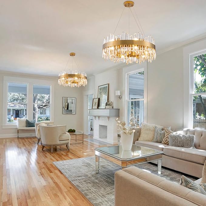 Modern Crystal Chandelier,Luxury Round 2 Tiers K9 Crystal Chandelier, 12-Light Brass Gold Round Flush Mount Ceiling Light Fixture for Dining Room Kitchen Foyer,D 23.6"