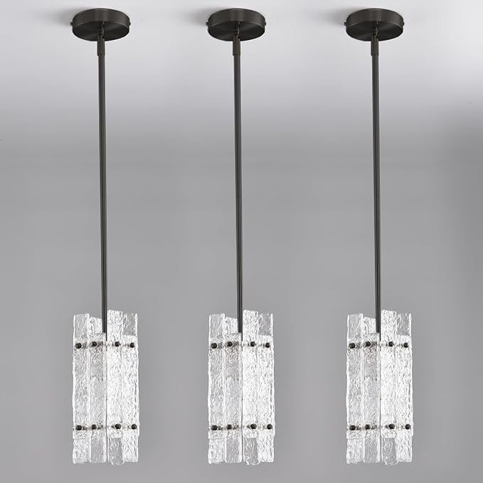 Modern Crystal Pendant Light for Kitchen Island, Pearl Black Luxury Mini Water Ripple Glass Chandelier Lights Fixture, Square Adjustable Hanging Pendant Lighting for Dining Room Bedroom (3-Pack)