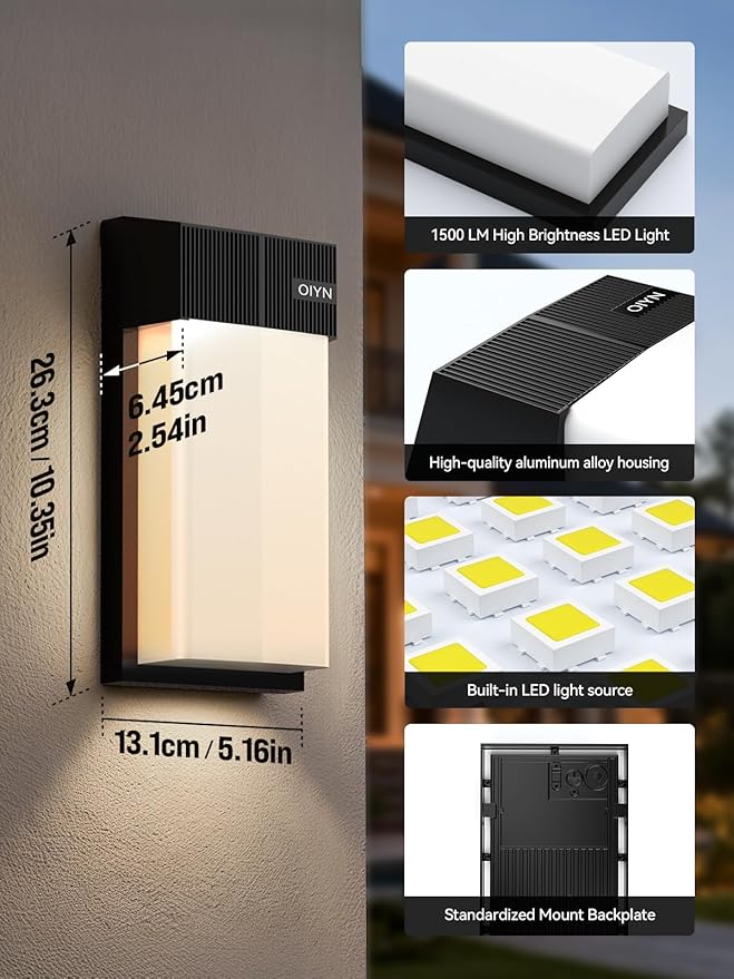 Outdoor Wall Lights, Smart LED RGBICWW Porch Lights Outdoor, Modern 1500LM Exterior Lighting Fixtures, IP65 Waterproof Color-Changing Wall Lamp for House, Patio, Garage, Yard, 1 Pack