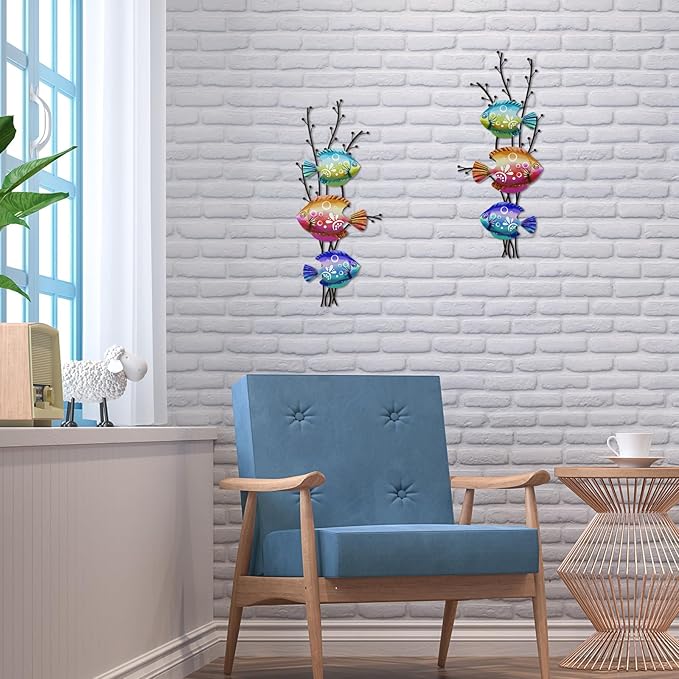 Landhoow 2 Pcs Coastal Wall Decor Metal Fish Wall Art Beach Ocean Sea Tropical Fish Art Nautical Hanging Sculpture for Summer Party Favor Indoor Outdoor Bedroom Living Room Kitchen