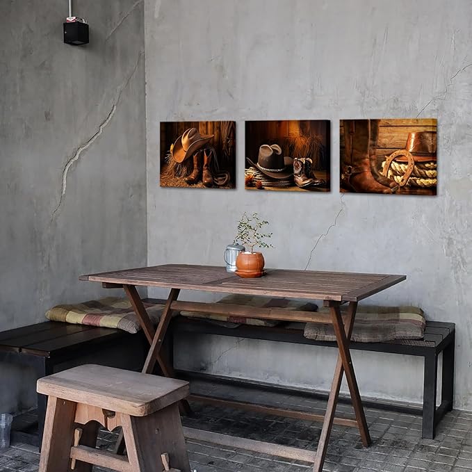 LyerArtork 3 Pieces Western Cowboy Decor Canvas Wall Art Straw Hat Boot Roper Vintage Pictures Brown Prints West Farmhouse Artwork Wall Decor for Living Room Bedroom 12"x16"x3pcs