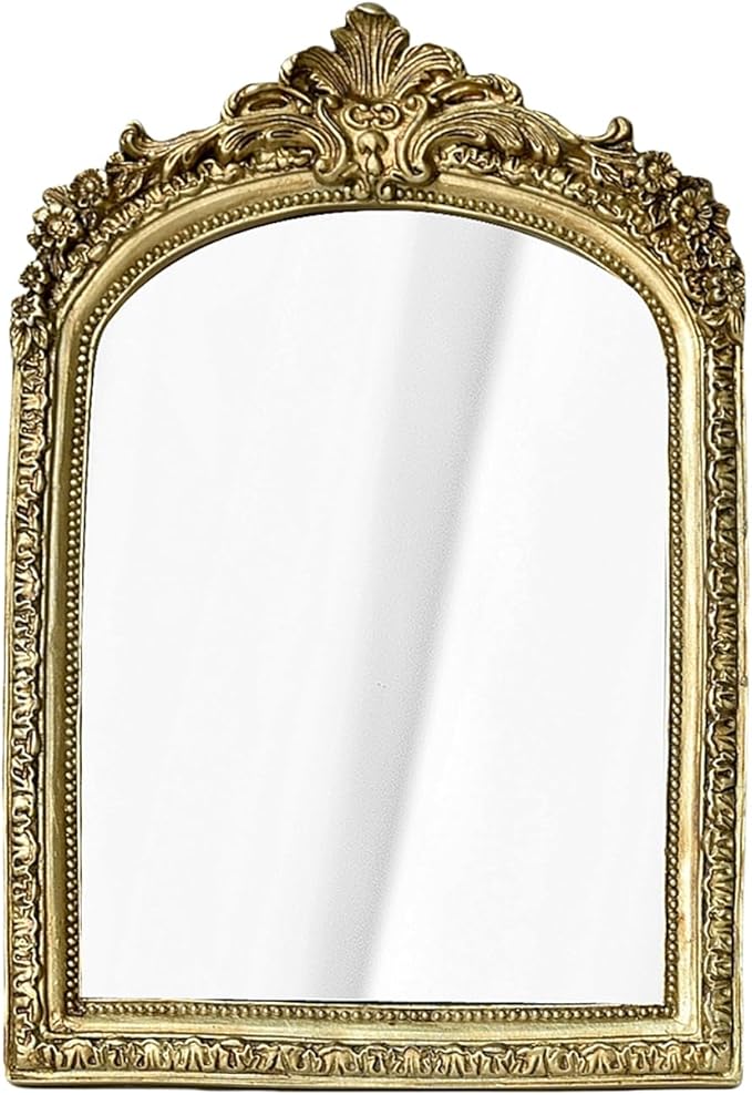 11” x 9.5” Small Gold Vintage Wall Mirror, Antique Gold Resin Baroque, Decorative Hanging & Tabletop