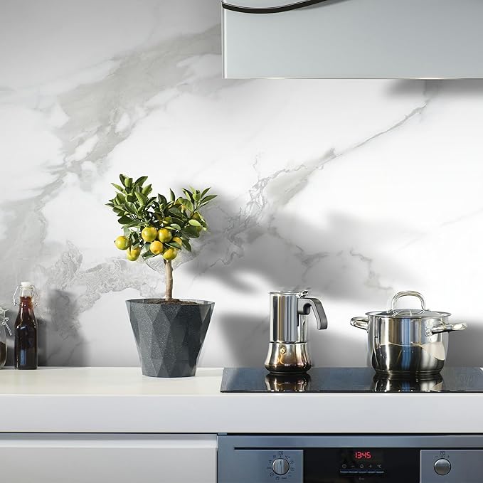 Marble Peel and Stick Waterproof Wall Paneling, 118" x 47" Carrara White Glossy Finish Self-Adhesive Backsplash Tile Vinyl Wall Panel for Kitchen Bathroom Wall Decor, Covers 38.75 Sq. Ft.