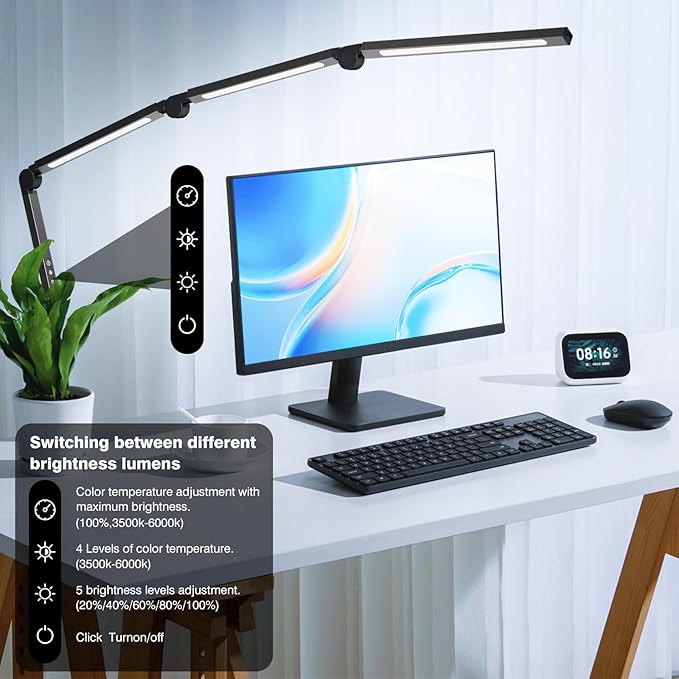 LED Desk Lamp with Clamp, Adjustable Swing Arm for Home Office, Dimmable Tempering Eye Care Table Light, Black Aluminum