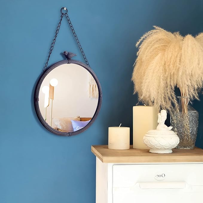 NIKKY HOME 11.2" Decorative Small Hanging Mirrors Vintage Rustic Round Metal Framed Wall Mounted Mirror Decor with Bird for Bathroom Living Room Office, Antiqued Black