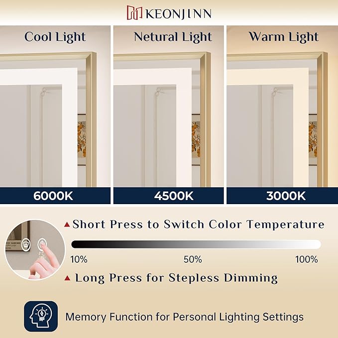 Keonjinn 42 x 36 Inch Gold LED Mirror for Bathroom, Frontlit & Backlit Bathroom Vanity Mirror with Lights, HD Tempered Glass, Beveled Framed, 3 Color Temperature, Anti-fog, Dimmable, Plug-in/Hardwired