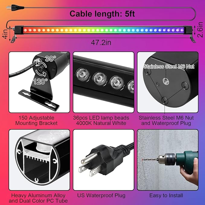 RGB Wall Washer Light Bar, 72W RGB Color Changing Landscape Wall Wash Lights, 47.2 Inch 120V Dimmable Stage RGB LED Light Bar for Hotel,Building,Christmas Garden Lighting