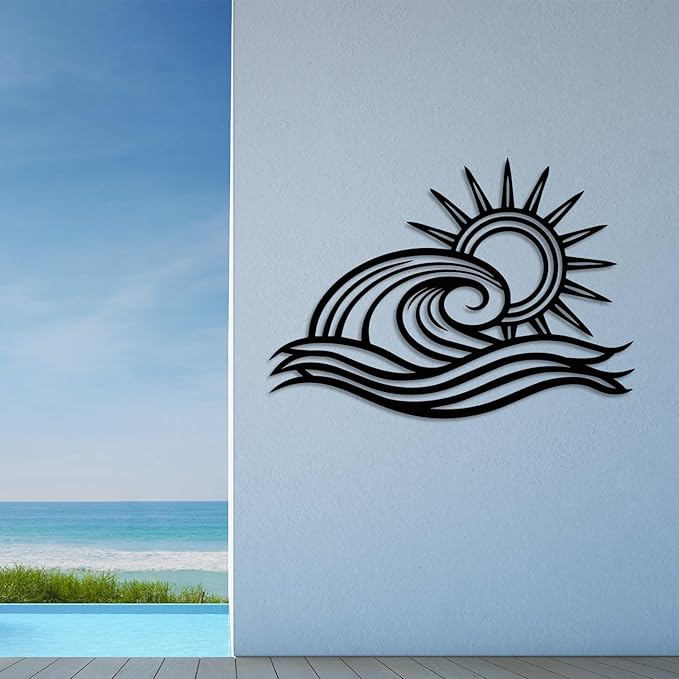 Wita Home Ocean Wave Metal Wall Art, Sun Beach Decor, Coastal Large Wall Sculpture for Home, Indoor/Outdoor Use, Nautical Wall Hanging, Eye-Catching Addition to Living Room (Red, 18 x 11 inches)