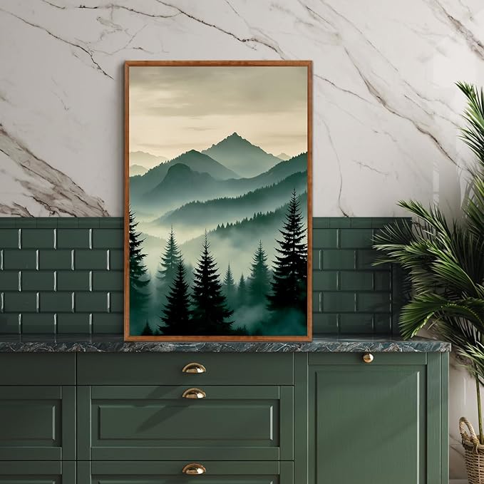 LHIUEM Abstract Mountain Wall Art,Boho Forest Pictures Set of 3(16”X24”) Framed Canvas Print Dark Green Pine Tree,Big Foggy Sun Green Mountain Painting,Sage Green Wall Art for Bedroom Living Room