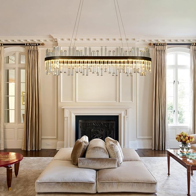 Black Modern Led Crystal Chandelier: 39.3" Rectangle Linear 3 Color Dimmable Chandeliers for Dining Room Over Table - Luxury Rectangular Contemporary Oval Light Fixture for Living Room Bedroom Foyer