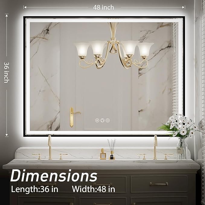 48x36 Inch LED Bathroom Mirror with Lights, Frontlit & Backlit Black Metal Frame Wall Mounted Lighted Vanity Mirrors, Double Lights Strips,Anti Fog Dimmable & 3 Colors Temperature