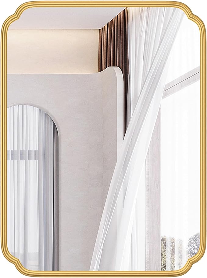 28"x36" Gold Bathroom Mirror with Rustproof Metal Frame, Modern Rounded Corner Wall Mirror for Vanity Over Sink, Horizontal/Vertical Hanging