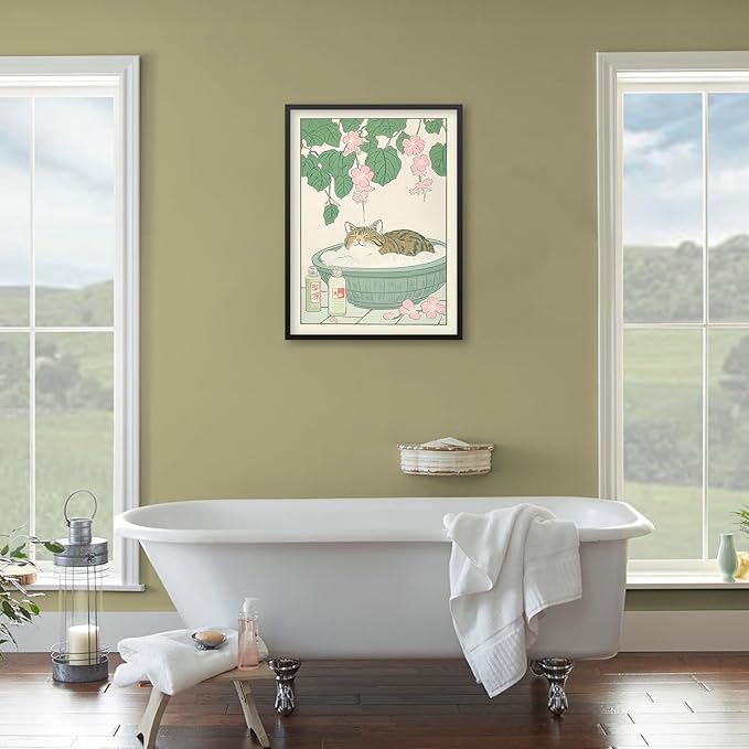 Black Framed Canvas Wall Art Posters Tabby Cat In Bathtub Prints Rustic Neutral Japanese Cute Restroom Animal Painting Funny Japan Cat for Bedroom Living Room Bathroom 12x16in