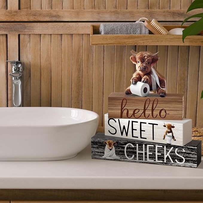 4 Pcs Christmas Highland Cow Bathroom Decor Farmhouse Bathroom Decoration Western Hello Sweet Cheeks Table Centerpiece