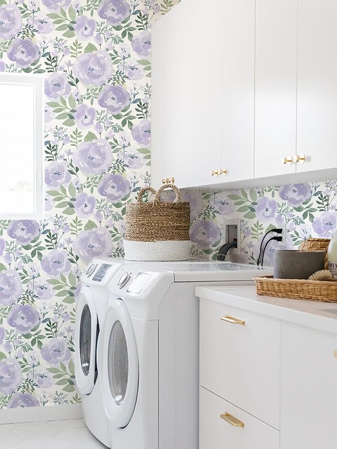 Orainege Floral Wallpaper Peel and Stick Wallpaper Floral Contact Paper 16.9in x196.8in Boho Peony Self Adhesive Removable Wall Paper for Bedroom Decor Vinyl, Purple