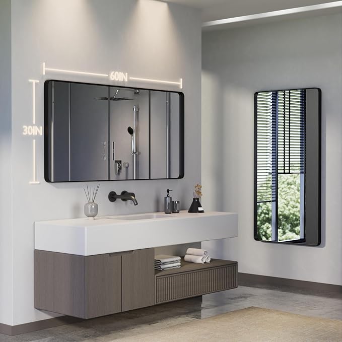 Large Bathroom Mirror for Wall, 60x30 Inch Matte Black Framed Bathroom Vanity Mirror for Farmhouse Living Room Bedroom, Anti-Rust, Tempered Glass, Rounded Corner, Horizontal/Vertical