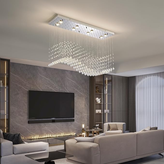 Modern Rectangle Crystal Raindrop Chandelier: 39.4" Chrome Dimmable 3 Color Led Chandeliers with Remote - Contemporary Wave Flush Mount Ceiling Light for Kitchen Island Dining Room Living Room Foyer