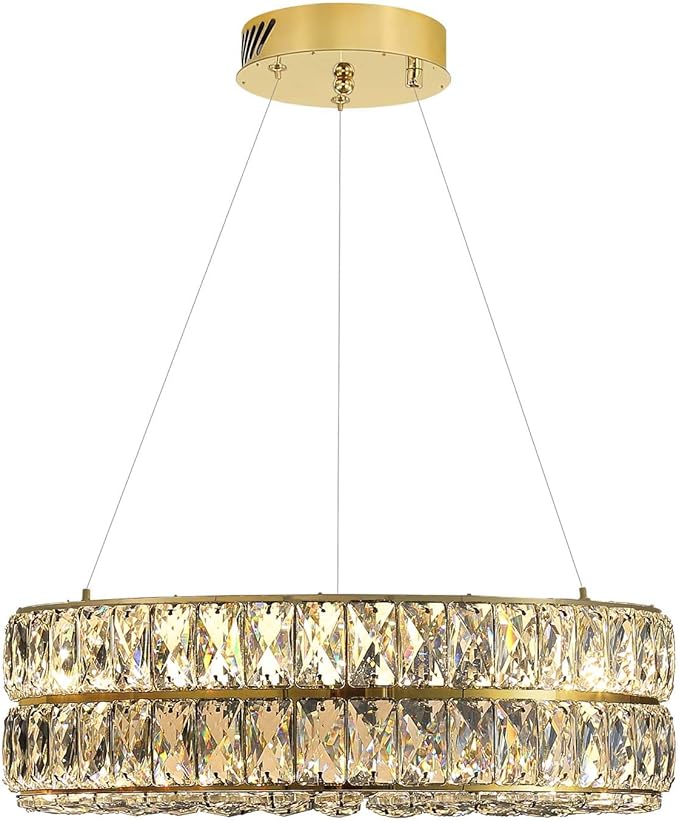 Led 15.7" Gold Ring Crystal Chandelier, Modern Dimmable Chandeliers Lighting and Hanging Adjustable, LED Round Ceiling Light Fixtures for Dining Room Living Room