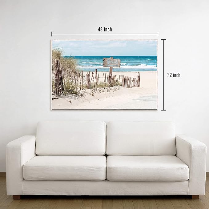 Ocean Wall Art Canvas Decor: Large Beach Coastal Scene Framed Artwork Sea Wave Seascape Painting Seaside Seashore Landscape Print for Living Room Bedroom Home Decorations 48 x 32 Inch