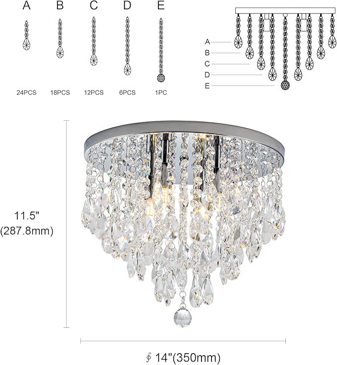 4-Light Crystal Chandeliers Flush Mount, 14 Inches Bedroom Close to Ceiling Lamp, Modern G9 Base Ceiling Light Fixture for Dining Room, Bedroom, Bathroom, Living Room, Closet (Chrome)