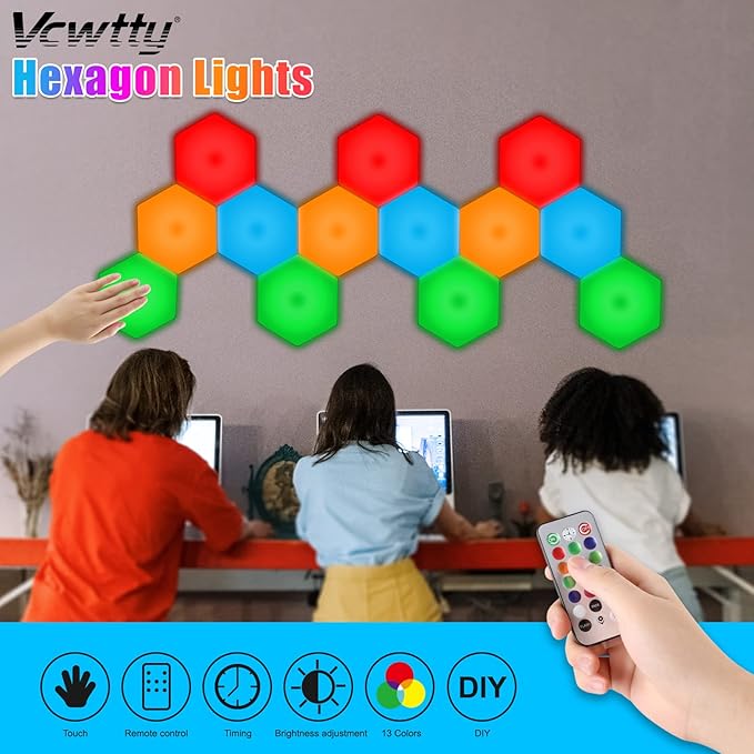 Hexagon LED Lights,Remote Control Wall Lamp,Intelligent Modular Touch Colorful DIY Lamp,Used for Bedroom,Bathroom,Living Room,Children's Day,Christmas,Various Game Party Decoration(6 Pack)