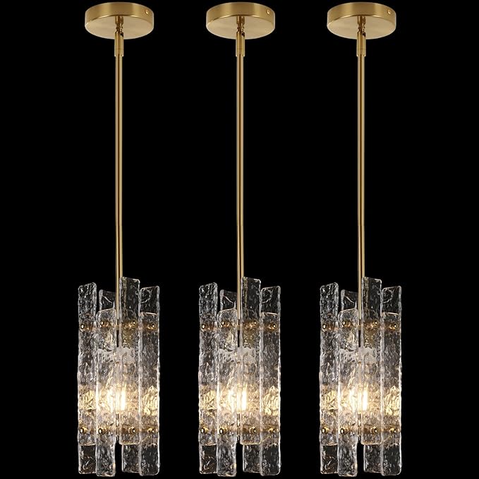 Modern Crystal Pendant Light for Kitchen Island, Gold Luxury Mini Water Ripple Glass Chandelier Lights Fixture, Modern Square Adjustable Hanging Pendant Lighting for Dining Room Bedroom (3-Pack)