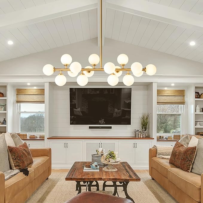 Mid Century Modern Sputnik Chandelier: 16-Light Globe Chandeliers over Table - White Glass Linear Chandelier Dining Room Light Fixture - Gold Brass Modern Chandeliers for Living Room Kitchen Island