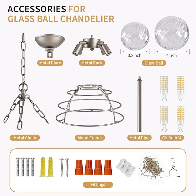 Nordic Bubble Ball Swirled Modern Chandelier,Dia 20 Inch Bubble Lighting, Nickel and Clear Glass Lighting with Chandelier Light,for Bedroom Study Restaurant