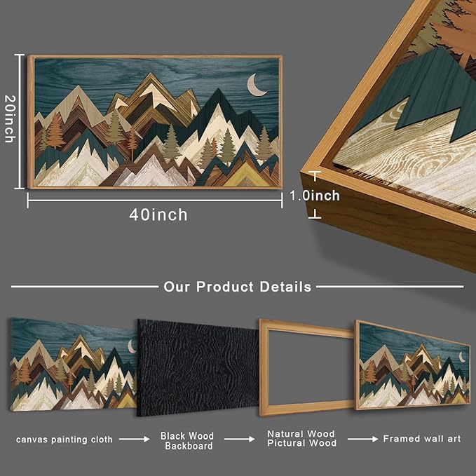 BINCUE Mountain Wall Art Framed Canvas Wall Art Nature Forest Wall Decor Rustic Farmhouse Wall Painting Moon Art for Living Room Bedroom Dining Room Large Size 20"x40"