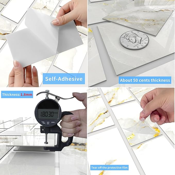 64-Pack Peel and Stick Backsplash Marble Wall Tiles, Waterproof 4" x 8" Glossy Imitation White Gold Marble, PVC Shower Wall Panels for Interior Wall Decor; Tile for Kitchen, Bathroom, and Fireplace